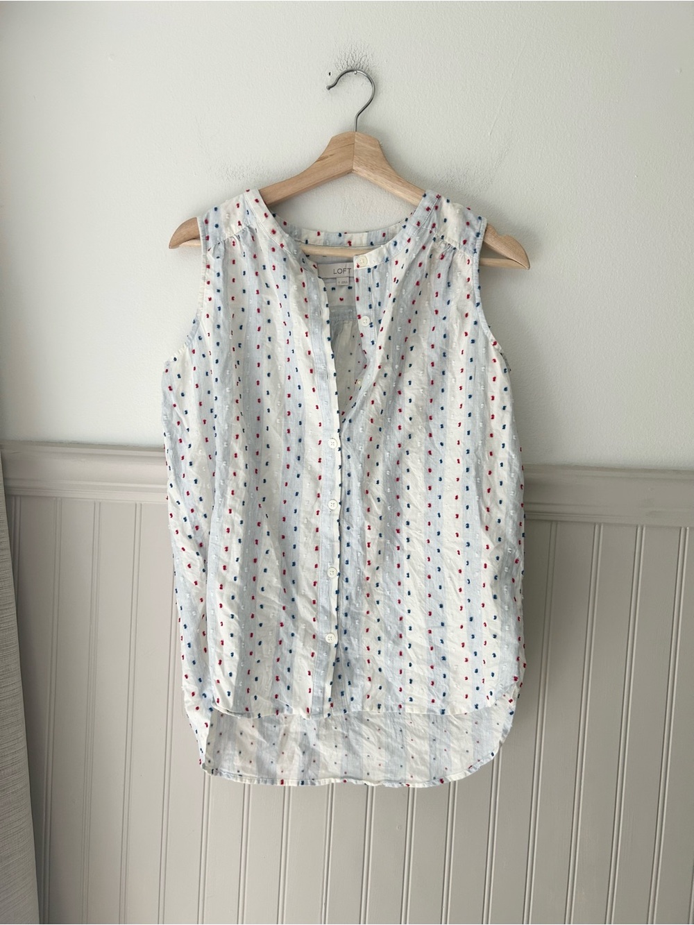 LOFT Small White Red Navy Dot Sleeveless Button Blouse Cotton